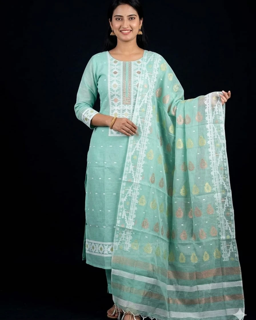 Seafoam Serenity Tangail Tencel Jamdani