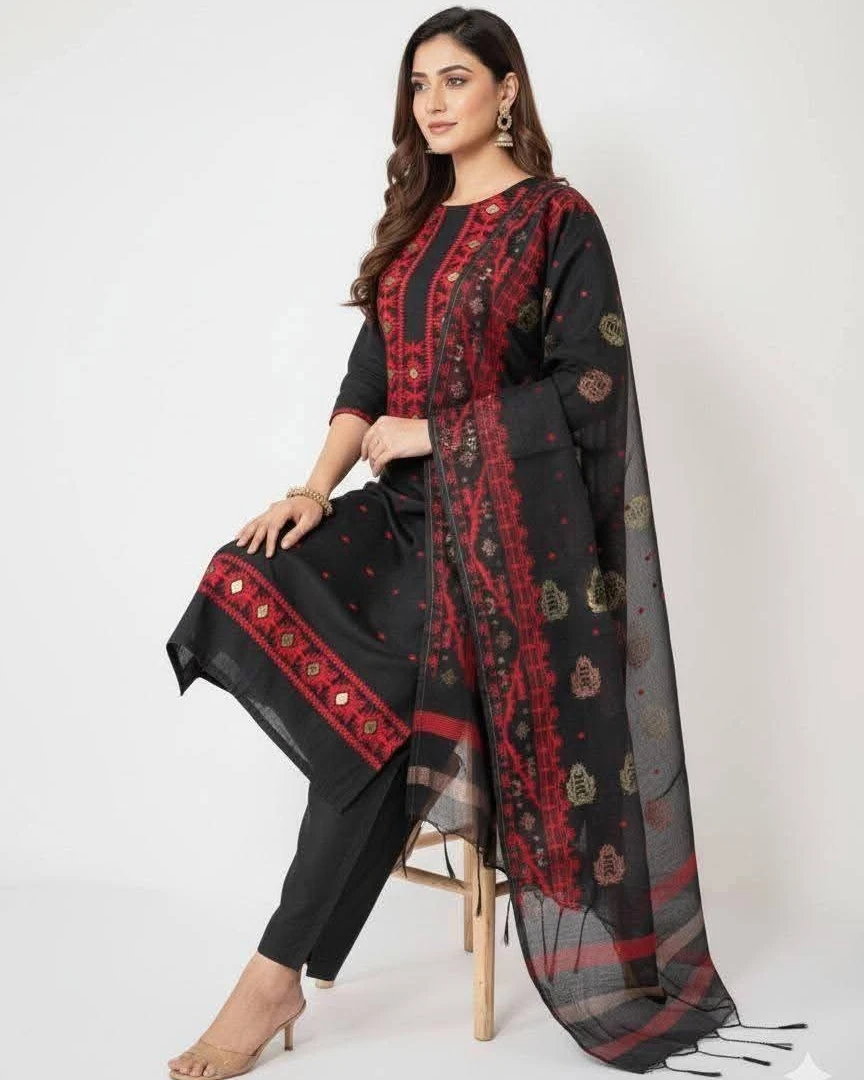 Midnight Crimson Tangail Tencel Jamdani