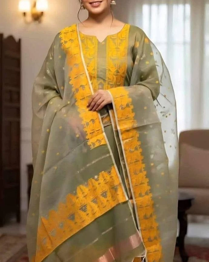 Olive Saffron Tangail Tencel Jamdani