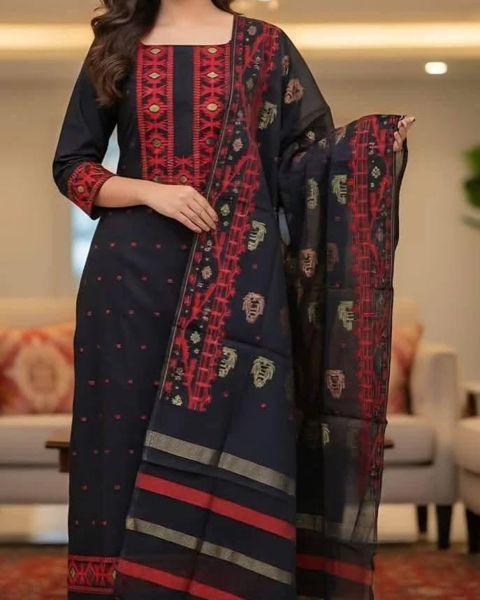 Obsidian Crimson Tangail Tencel Jamdani